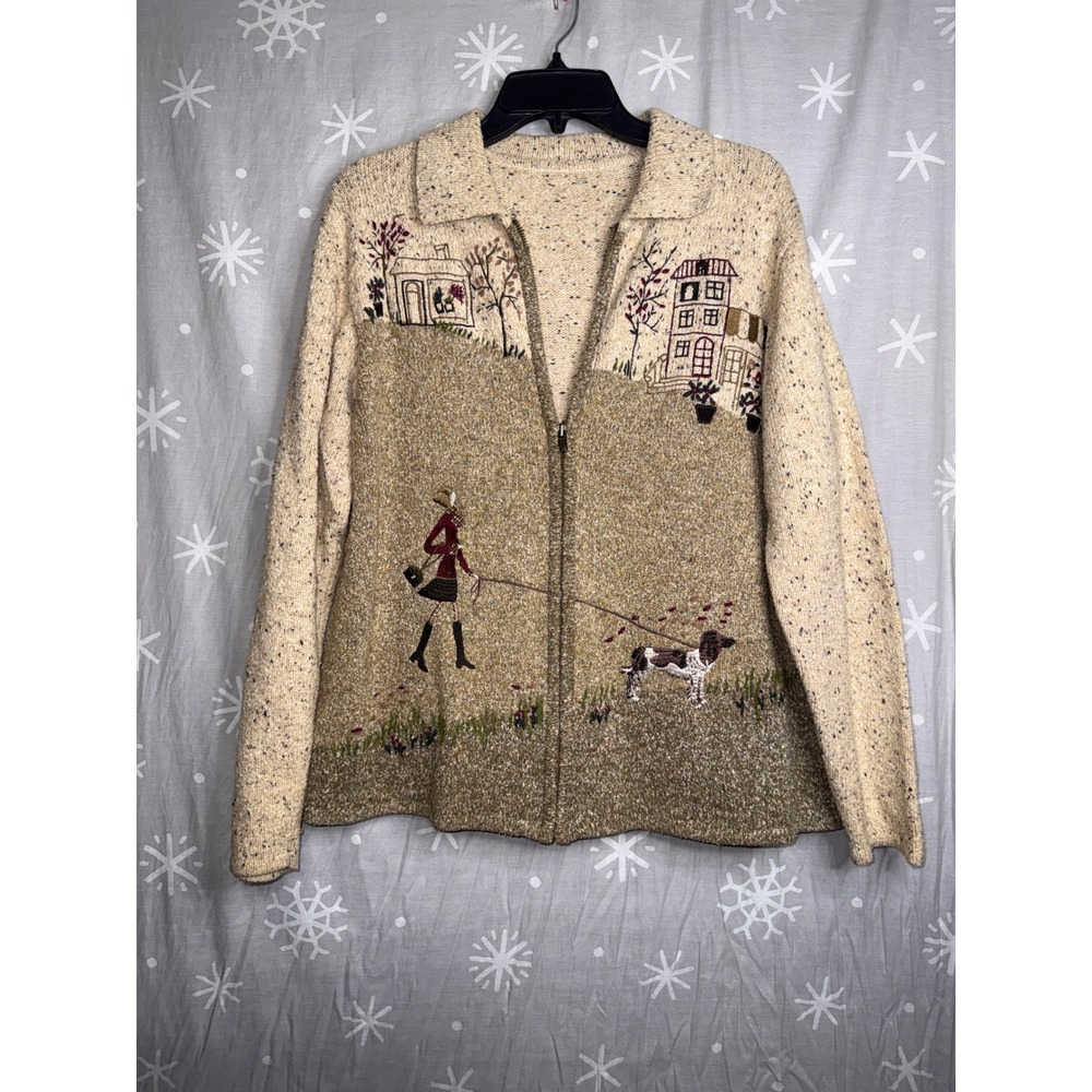 Vintage Embroidered Scenic Dog Walker Zip Up Cardigan Sweater Beige Tan Speckled
